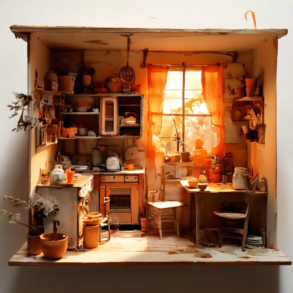 Een conceptuele foto van Sara De Brito Faustino met een bevreemdende miniatuurkamer, een grote gipsen voet en diverse huishoudelijke voorwerpen, tentoongesteld in Foam.