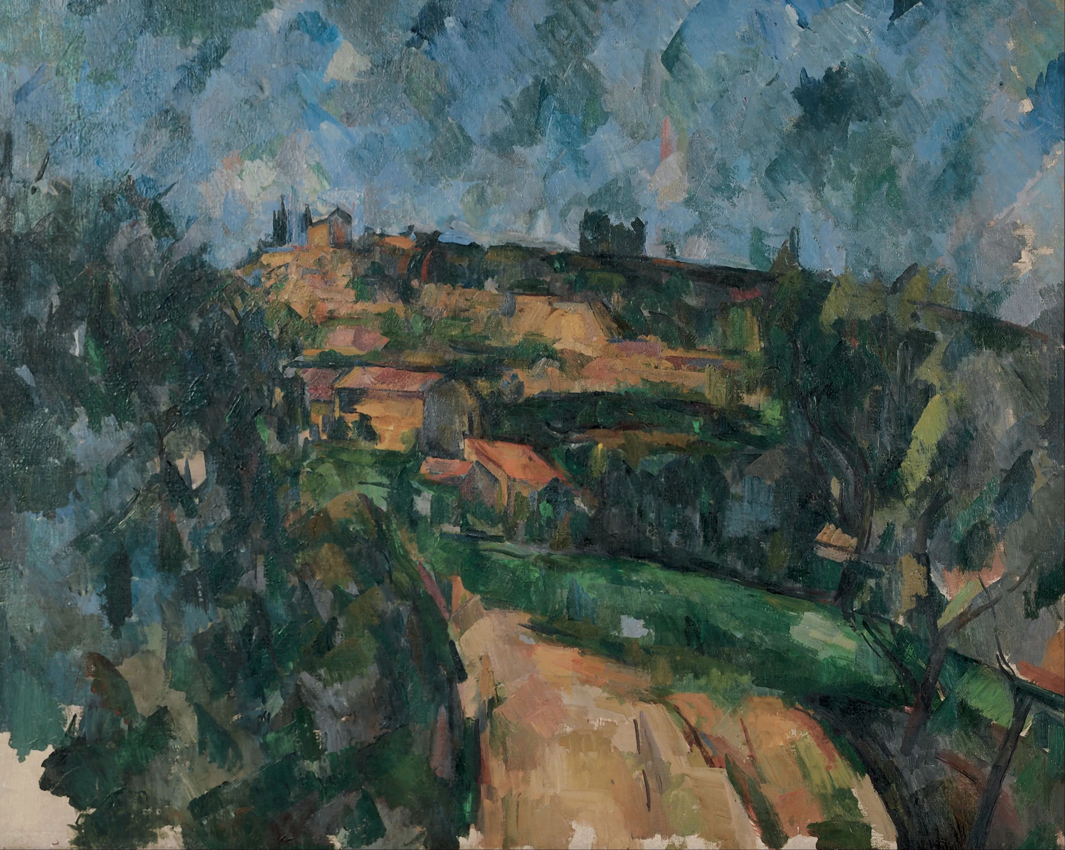 Schilderij van Paul Cézanne dat een kronkelende weg toont die naar een heuveltop leidt met huizen en bomen onder een blauwe lucht, uitgevoerd in post-impressionistische penseelstreken.