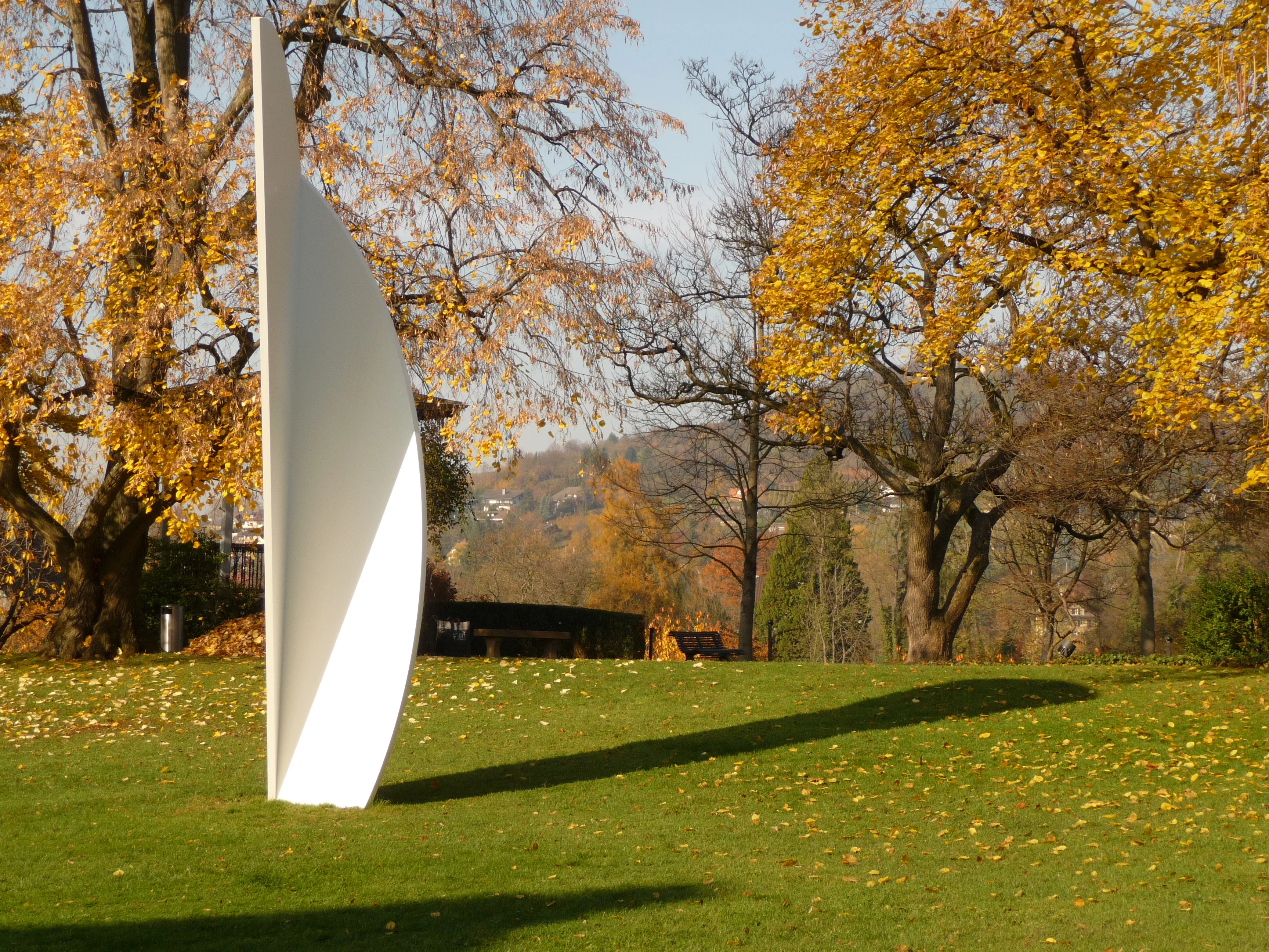 Een groot, wit, gebogen beeldhouwwerk op een groen gazon, omringd door bomen met geel herfstblad.