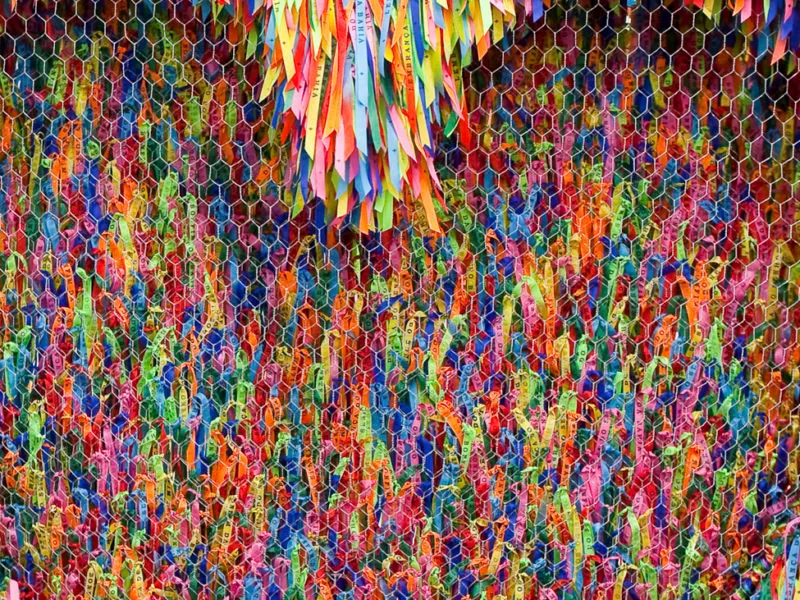 Cintas de colores y tiras de tela cuelgan densamente de una malla de alambre hexagonal, formando una vibrante instalación de arte textil