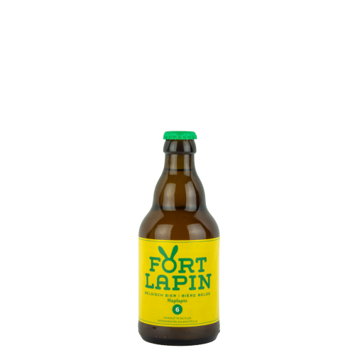 Brązowa szklana butelka piwa z jaskrawożółtą etykietą z zielonym napisem "FORT LAPIN" oraz logo królika, zwieńczona zielonym kapslem, umieszczona na jednolitym czarnym tle.