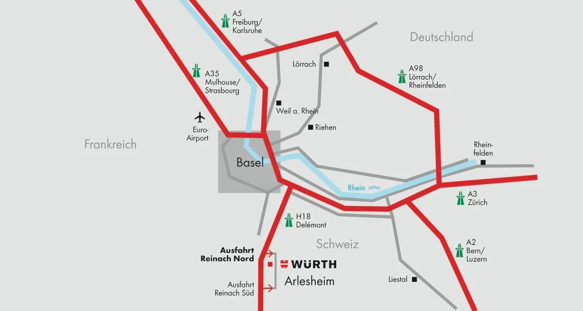 Mapa esquemático que muestra la ubicación del Forum Würth Arlesheim cerca de Basilea, destacando las principales autopistas A2, A3 y A35, y las salidas Reinach Nord y Reinach Süd.