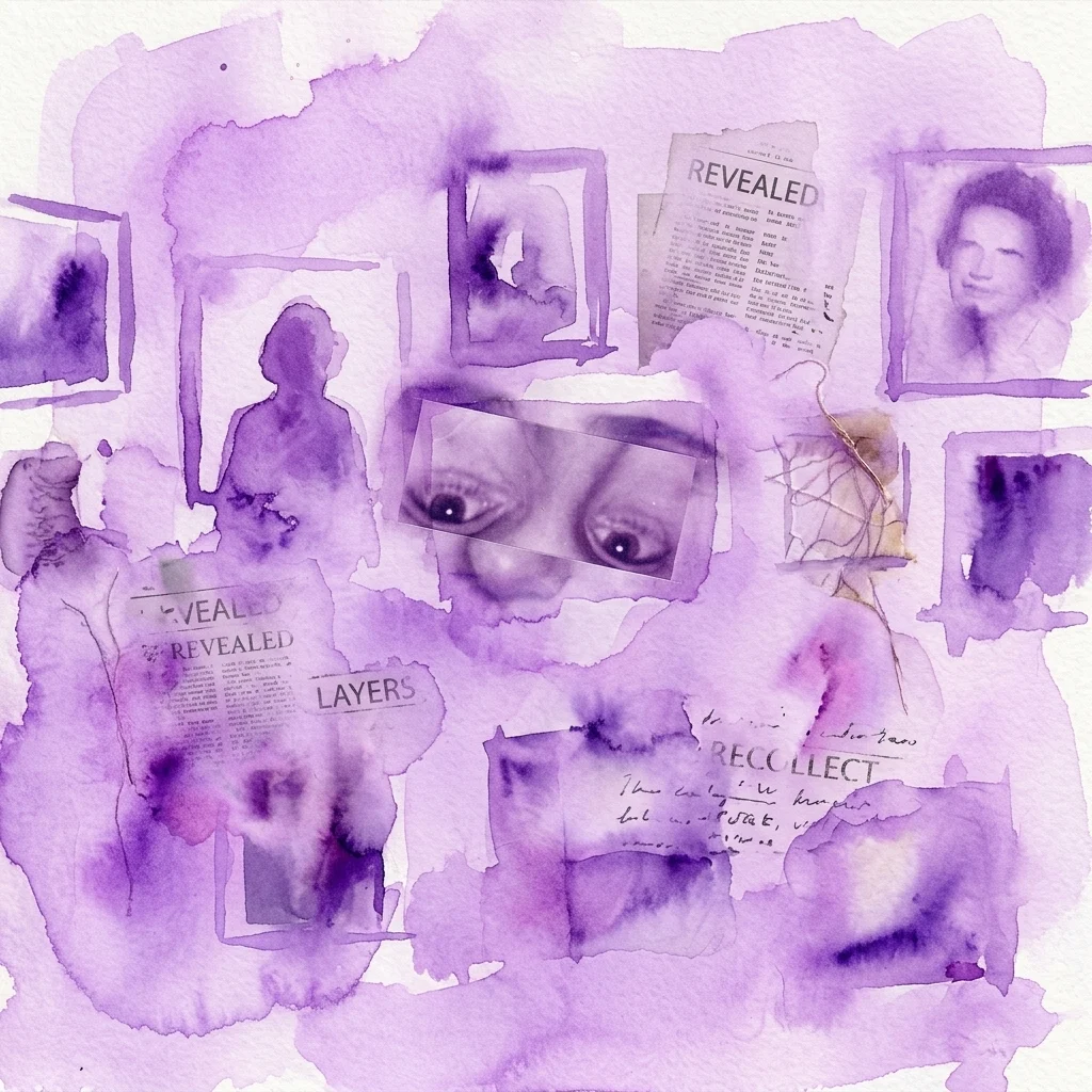 Een paars getinte collage van fotografische fragmenten, tekstflarden en abstracte aquarelwashes, die een rauwe, expressieve artistieke stijl oproept die kenmerkend is voor de Photo Brut-beweging.