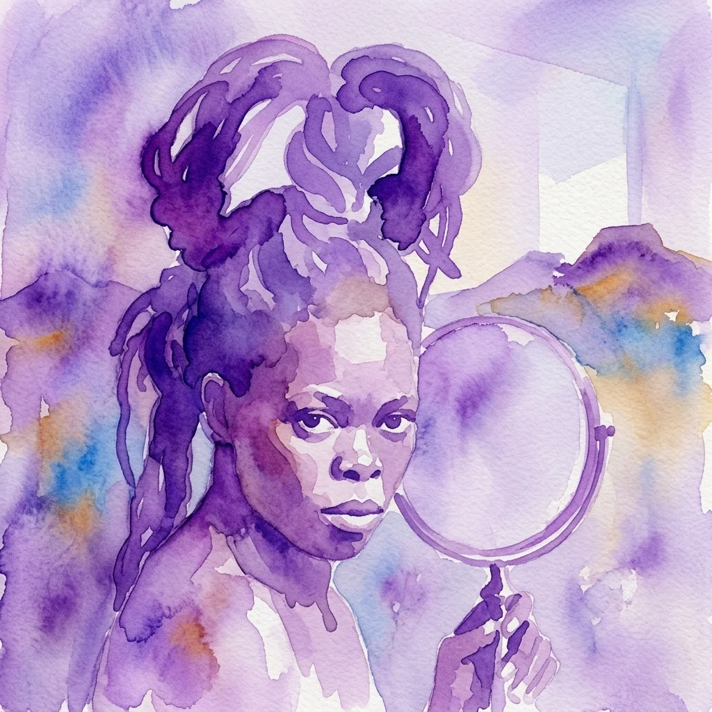 Een aquarelportret van een zwart persoon met dreadlocks die een handspiegel vasthoudt, weergegeven in levendige paarse en blauwe tinten, met thema's van identiteit en zelfreflectie.