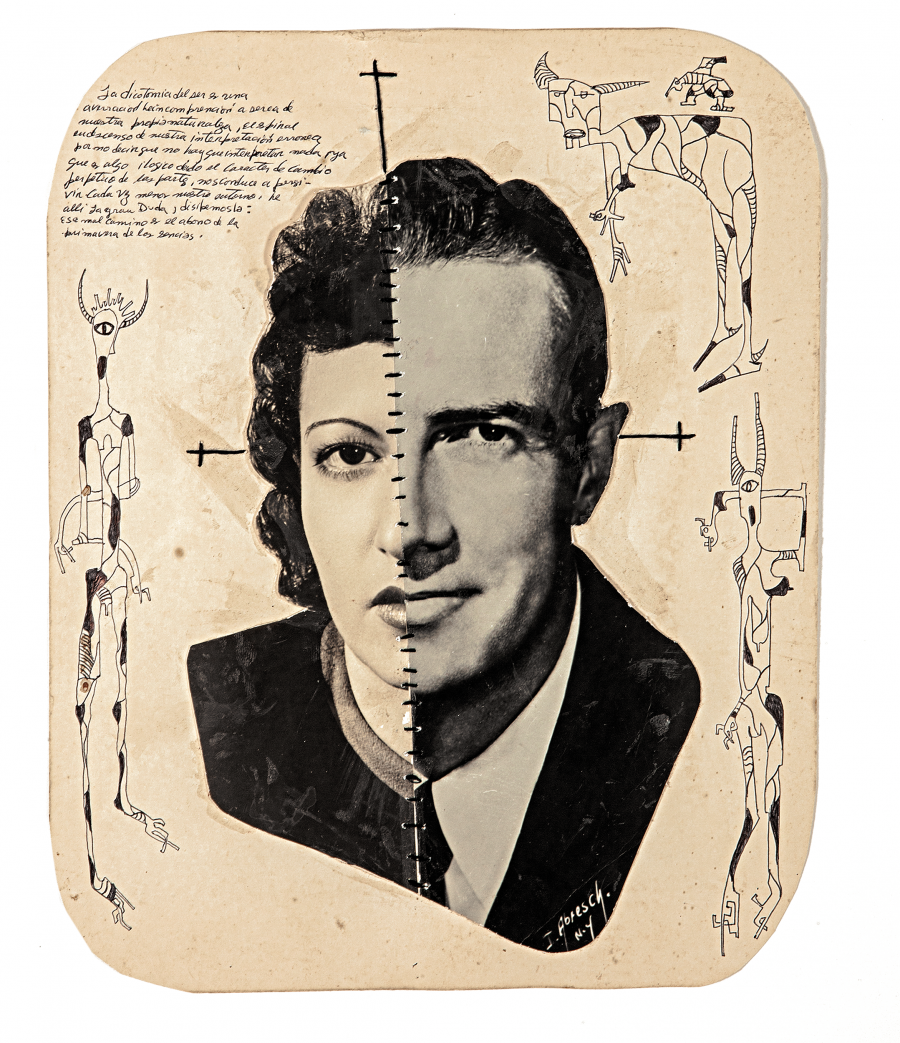 Una obra de arte de retrato dividido de un hombre con un lado fotográfico y un lado dibujado, rodeado de figuras abstractas y texto escrito a mano sobre papel envejecido