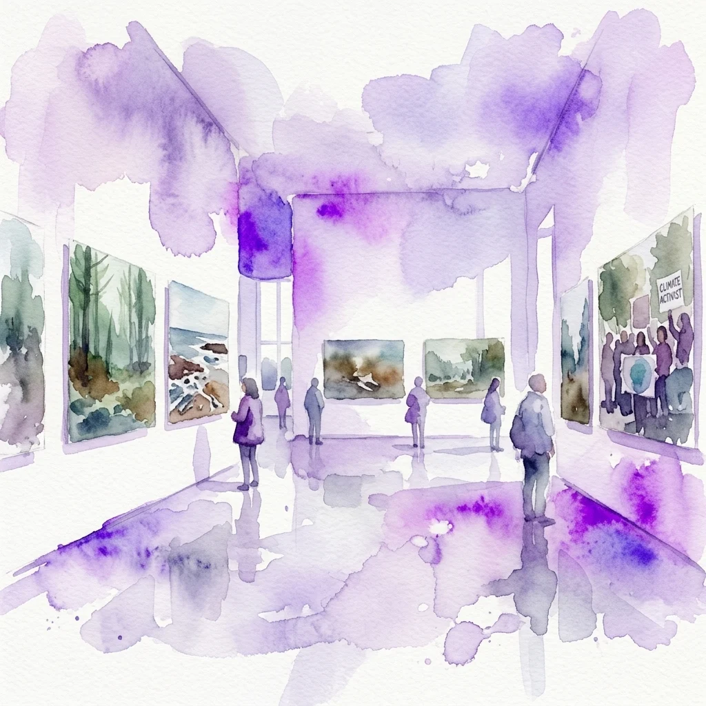 Ilustración en acuarela del interior de una galería donde los visitantes observan grandes obras de arte enmarcadas que representan bosques, costas y activistas climáticos.