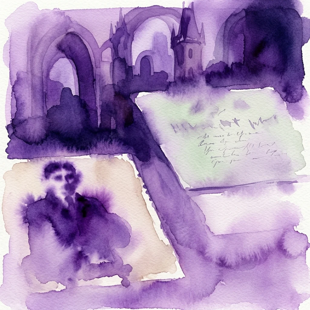 Una ilustración en acuarela de una galería tenuemente iluminada con tonos púrpuras, que presenta un retrato de Franz Kafka, manuscritos manuscritos y elementos arquitectónicos que evocan las estructuras góticas de Praga.