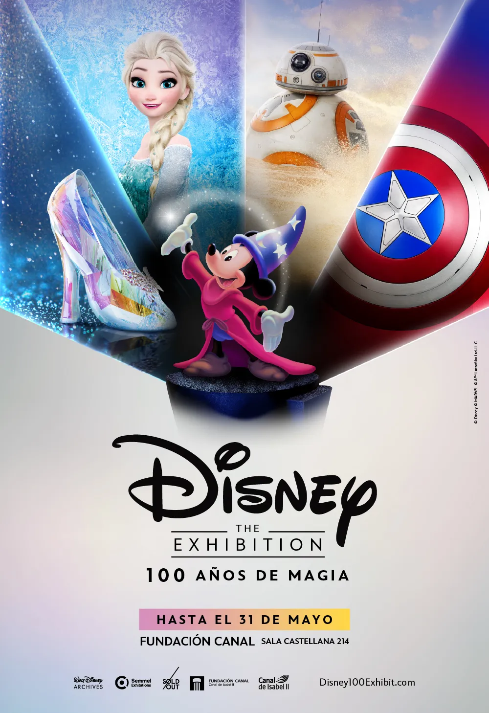 Póster de la exposición de Disney con Elsa, BB-8, Mickey Mouse y el escudo del Capitán América, texto 'Disney The Exhibition 100 Años de Magia' y 'Fundación Canal' en la parte inferior