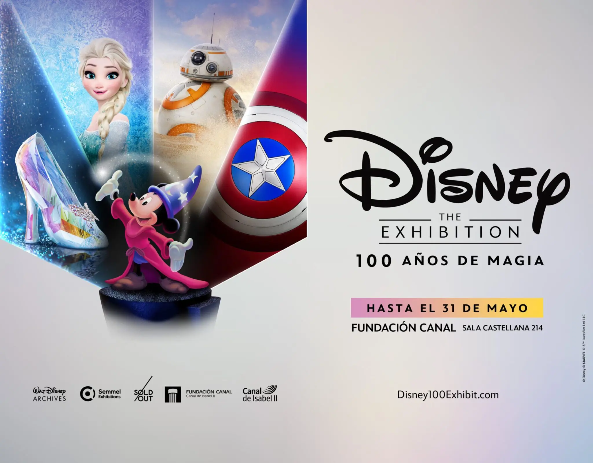 Póster de exposición de Disney con los personajes Elsa, BB-8, Capitán América y Mickey Mouse