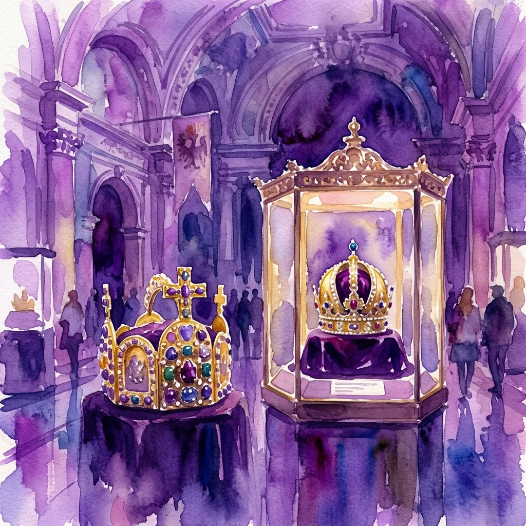 Ilustracja akwarelowa Skarbca Cesarskiego w Wiedniu, przedstawiająca Cesarską Koronę Austriacką i koronę Świętego Cesarstwa Rzymskiego wyłożone w gablotach w okazałej, fioletowej sali.