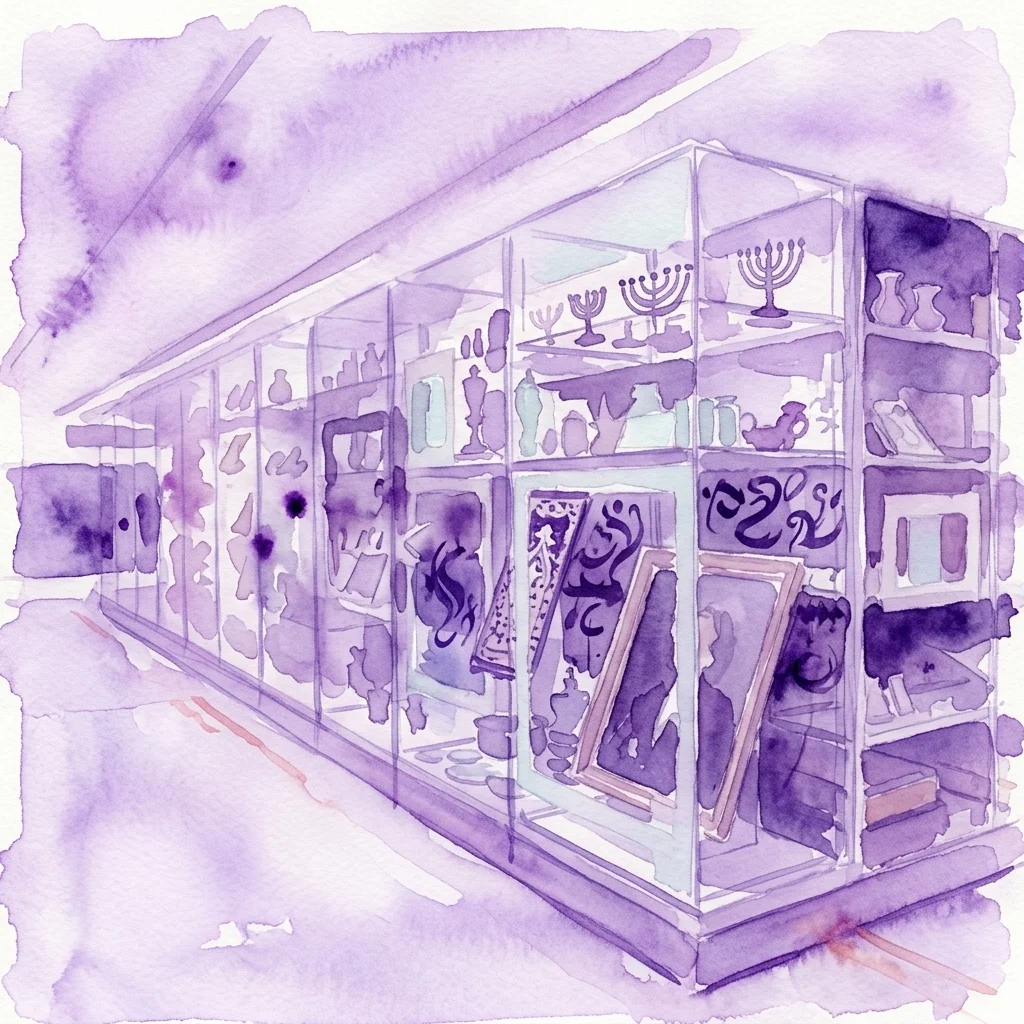 Ilustracja akwarelowa gabloty muzealnej prezentującej żydowskie artefakty, w tym menorę, przedmioty rytualne i ceremonialne, reprezentująca Żydowskie Muzeum w Wiedniu.