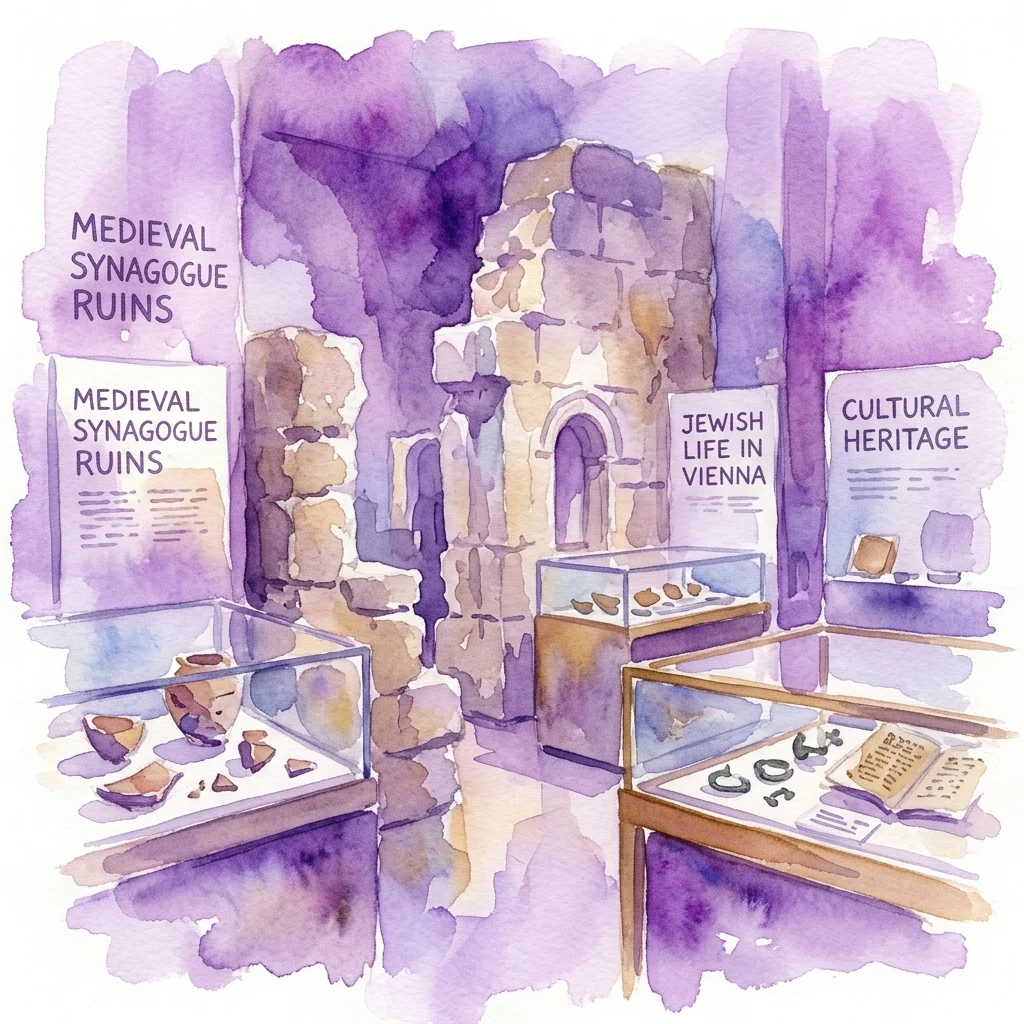 Interior del Museo Judenplatz de Viena mostrando ruinas de una sinagoga medieval, artefactos arqueológicos y exhibiciones interpretativas sobre la vida judía y el patrimonio cultural en Viena.