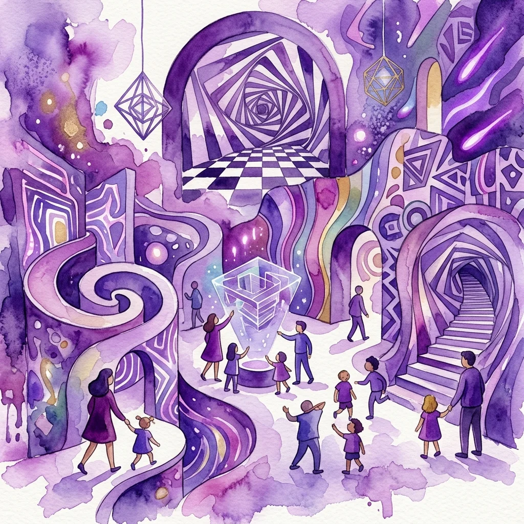 Żywa akwarelowa ilustracja Muzeum Iluzji Wiedeń, przedstawiająca zwiedzających eksplorujących surrealistyczne wystawy iluzji optycznych z wirującymi wzorami, zniekształconymi perspektywami i interaktywnymi wyświetlaczami holograficznymi w psotnym, fioletowym otoczeniu.