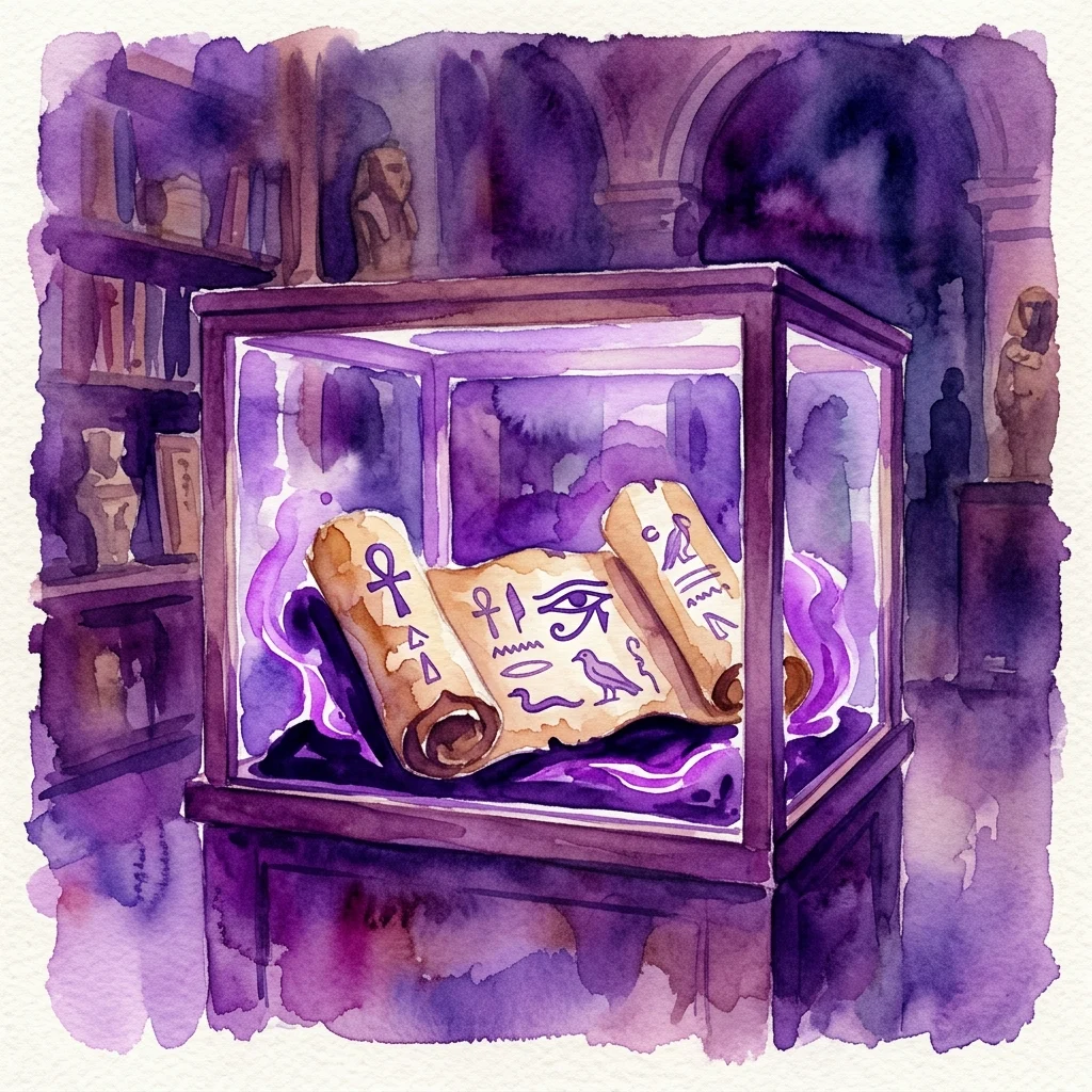 Ilustracja akwarelowa starożytnych egipskich zwojów papirusu z hieroglifami, prezentowanych w szklanej gablocie w Muzeum Papirusu Austriackiej Biblioteki Narodowej.