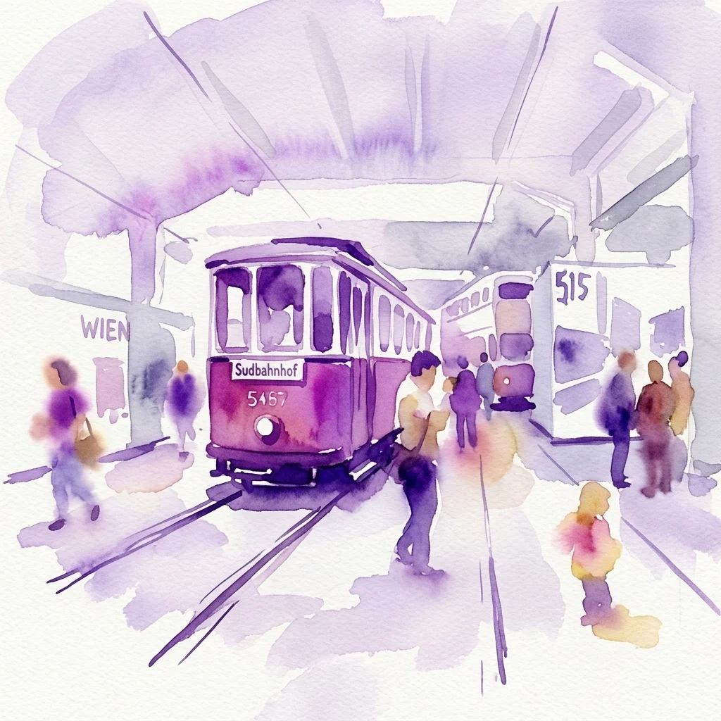 Ilustracja akwarelowa zabytkowego fioletowego tramwaju z napisem 'Sudbahnhof 5467' w Muzeum Transportu Remise w Wiedniu, z odwiedzającymi oglądającymi wystawę.