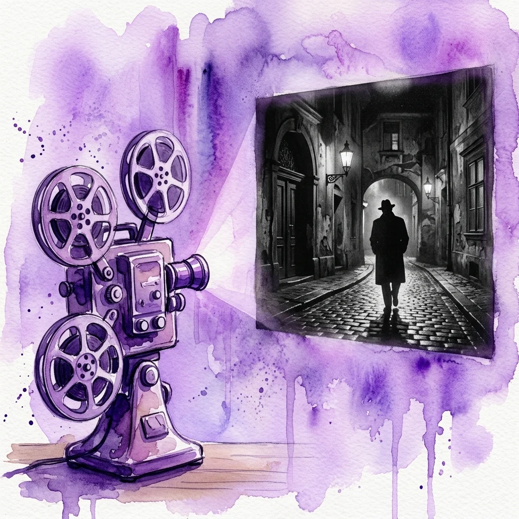 Vintage projektor filmowy z fioletowymi efektami akwareli, wyświetlający czarno-białą scenę mężczyzny w prochowcu spacerującego brukowaną alejką w powojennym Wiedniu, przywołujący atmosferę filmu 'Trzeci człowiek'.
