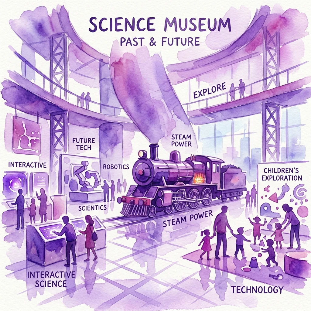 Illustratie van het interieur van het Museum van Wetenschap en Technologie in Wenen met een stoomlocomotief, interactieve tentoonstellingen, robotica en kinderontdekkingszones, die de technologie van het verleden en de toekomst belichten.