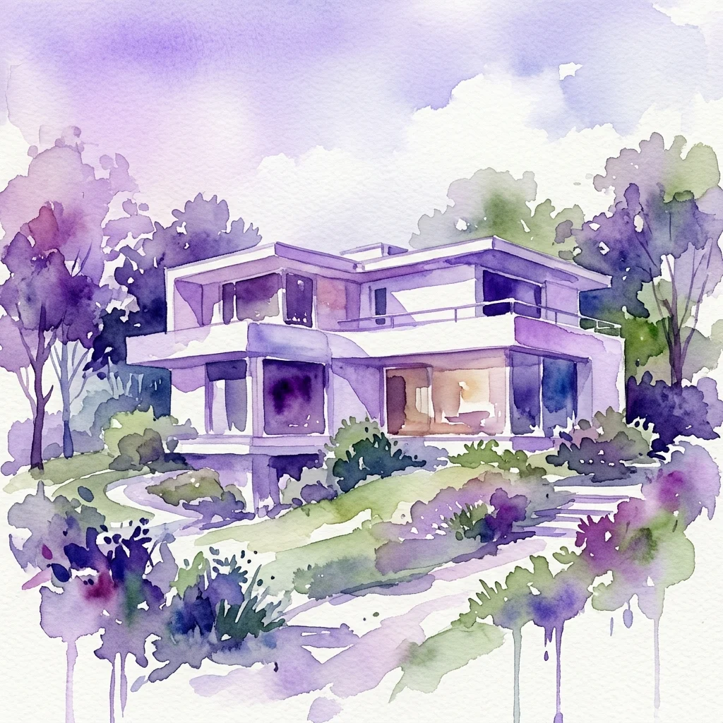 Ilustracja akwarelowa Villa Beer, modernistycznej willi w Wiedniu zaprojektowanej przez Josefa Franka i Oskara Wlacha, z dużymi oknami i integracją z otaczającą zielenią.