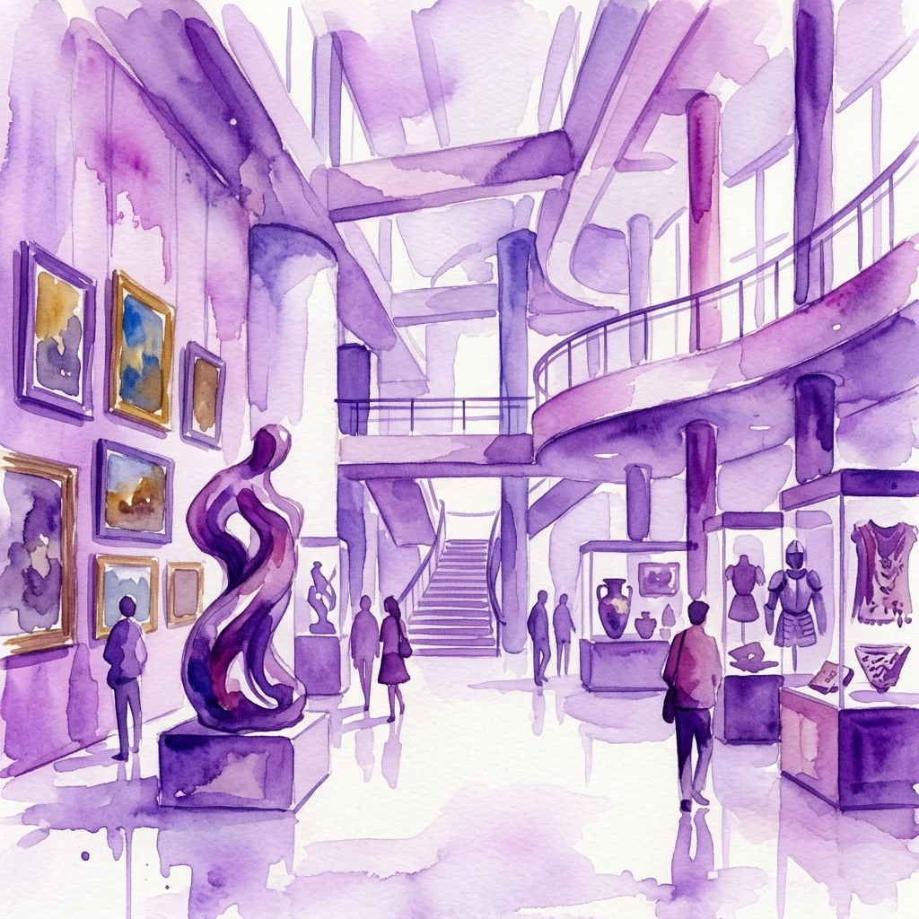 Watercolor illustration of the interior of Wien Museum Karlsplatz, featuring modern architecture, paintings on walls, sculptures, and historical artifacts in display cases, with visitors exploring the space.