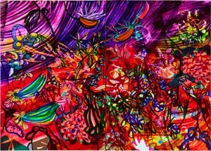 Una pintura abstracta vibrante y psicodélica que presenta formas arremolinadas en rojo, morado, verde y azul.