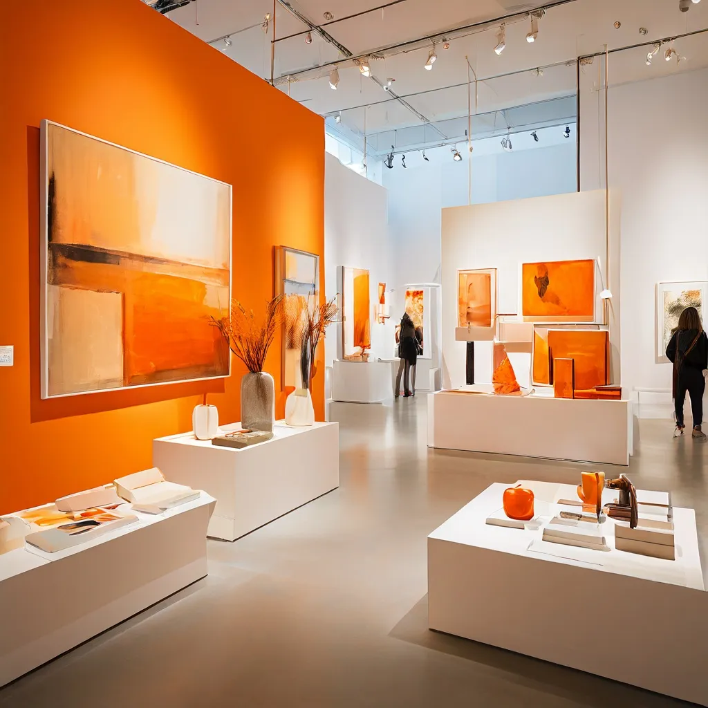 Una exposición de arte curada que presenta pinturas y esculturas suizas contemporáneas en un stand de feria.