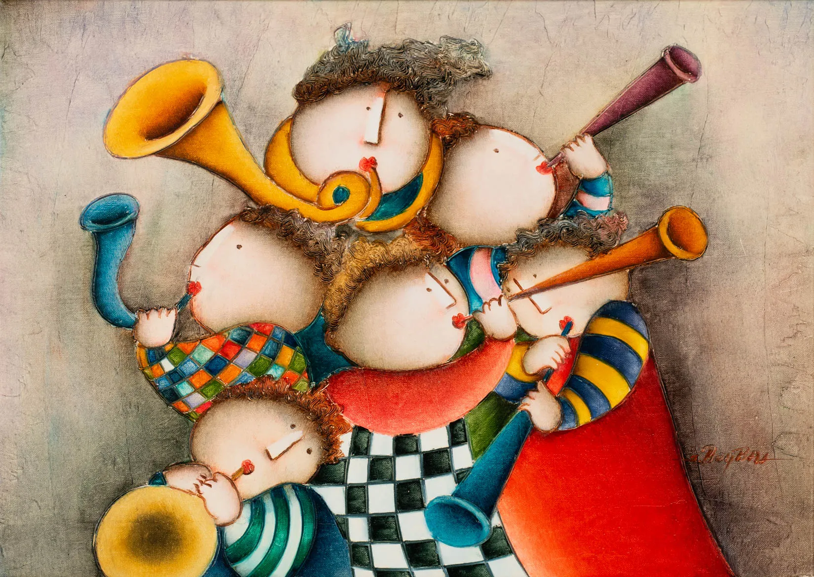 Colorida pintura de figuras estilizadas con caras blancas redondas y pelo rizado tocando instrumentos de viento y metal, con ropa a cuadros y rayas