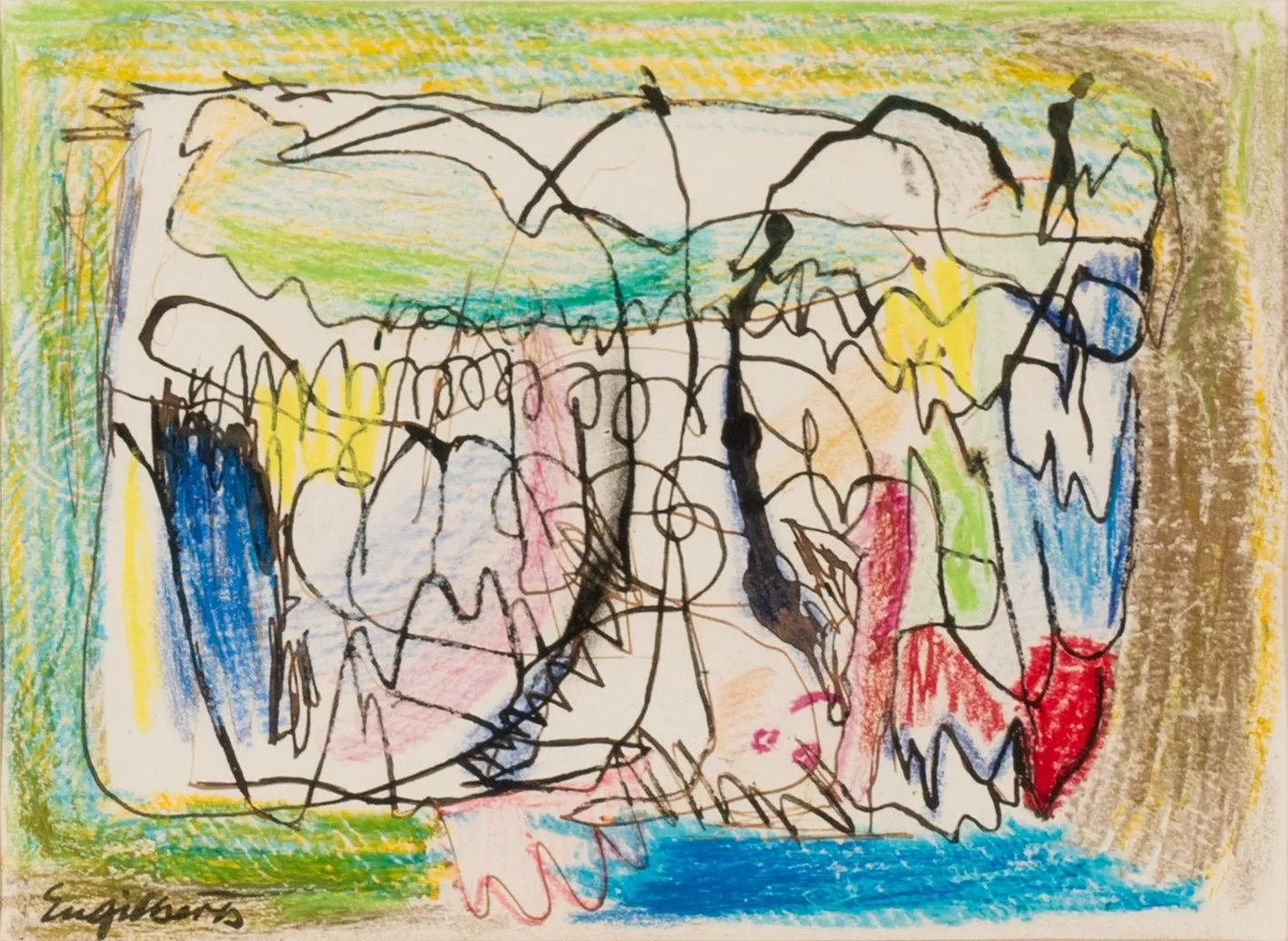 Dibujo abstracto colorido con líneas negras garabateadas, manchas de azul, amarillo, rosa y rojo, una pequeña figura en la esquina superior derecha y una firma.