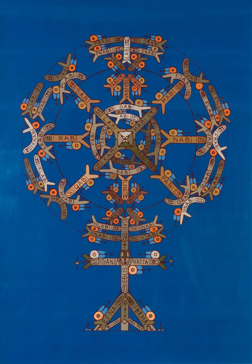 Una pintura sobre un fondo azul intenso que presenta una estructura simétrica en forma de árbol, compuesta por formas entrelazadas de estilo rúnico con texto y detalles circulares de color naranja.