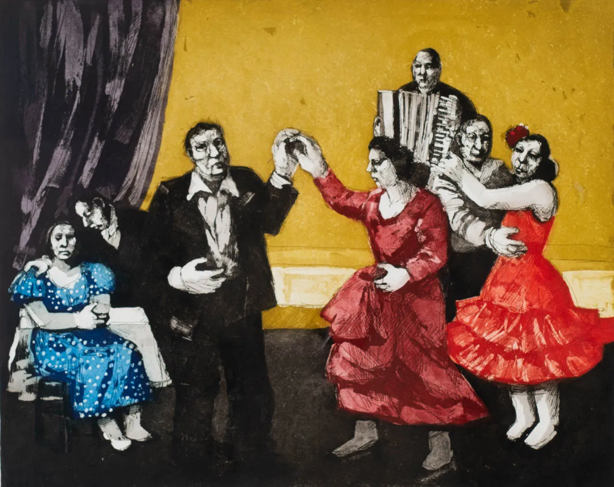 Pintura figurativa que muestra una escena animada con mujeres con vestidos rojos bailando, un hombre tocando el acordeón y otras figuras sobre un fondo amarillo.