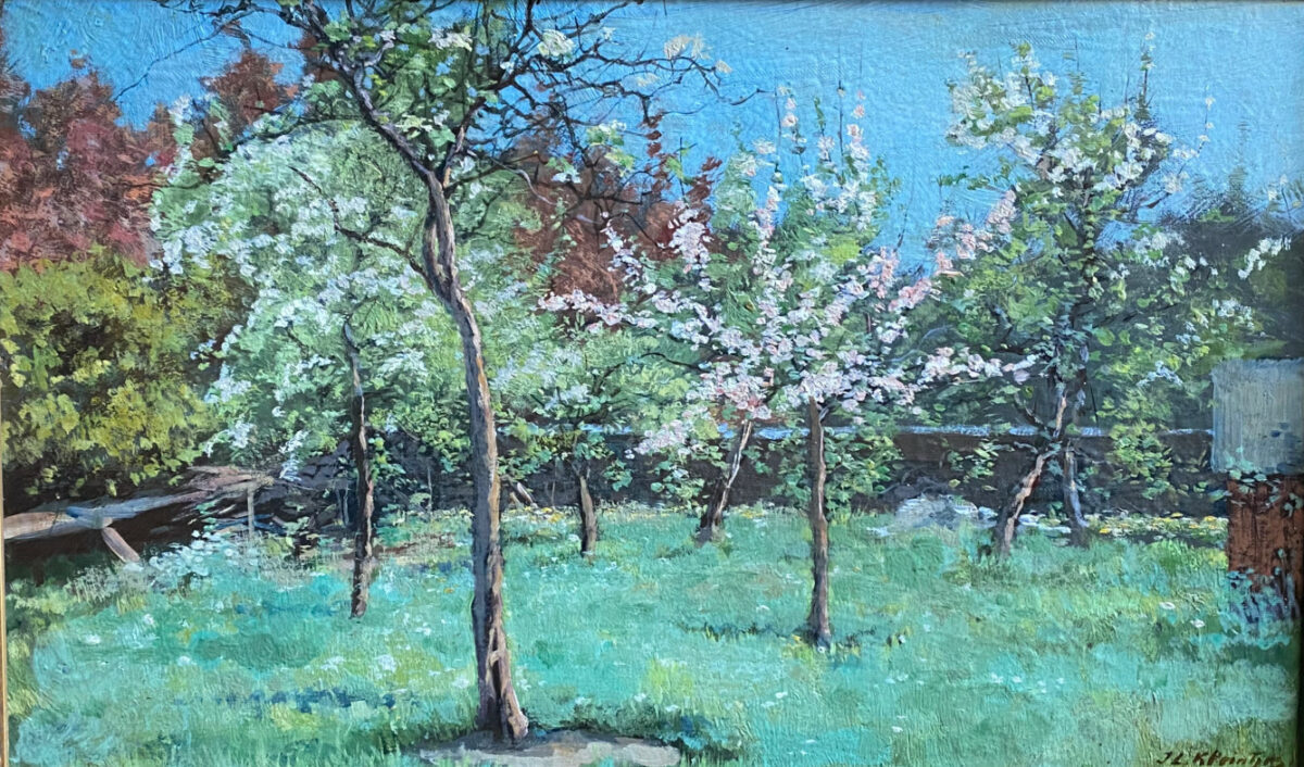 Garden landscape painting with blooming trees, green grass, and a blue sky