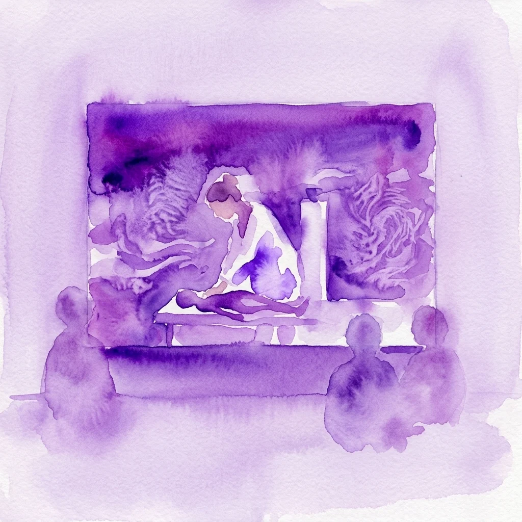 Una ilustración en acuarela morada que muestra las siluetas de visitantes observando una pantalla grande que reproduce una escena de videoarte de un masaje.