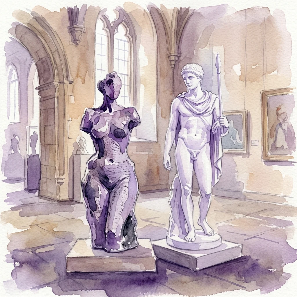 Watercolor illustration of a rough contemporary ceramic sculpture beside a classical white plaster statue of a spear-bearing male figure in a vaulted university gallery.