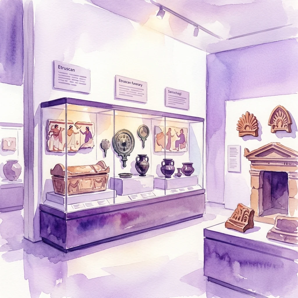 Watercolor illustration of a museum gallery displaying Etruscan funerary artifacts, including a sarcophagus, pottery urns, and architectural fragments, behind glass cases with informational panels.
