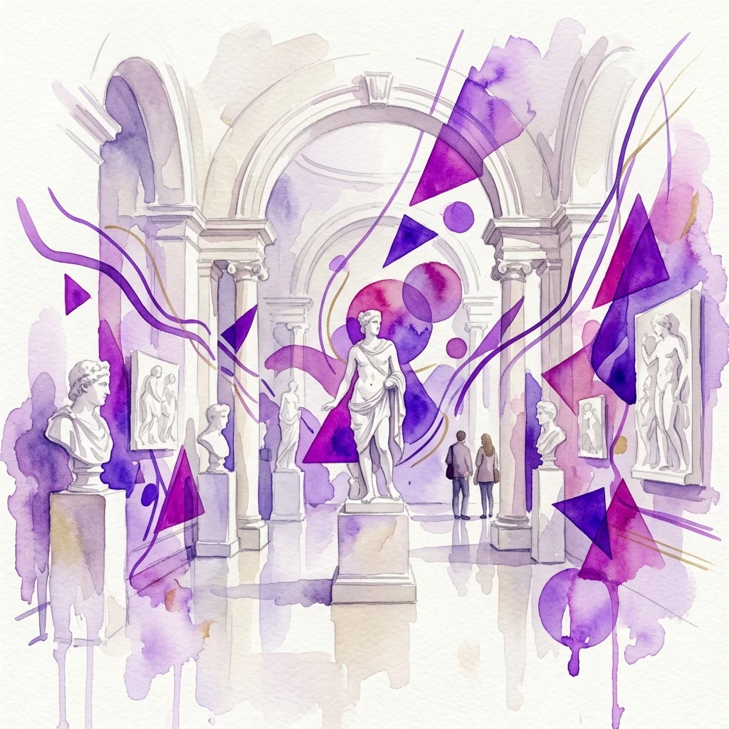 Watercolor illustration of a classical gallery interior with white marble statues and columns, accented by vivid purple geometric shapes and flowing lines for the exhibition 'Sacred: Rethinking Ancient Art.'