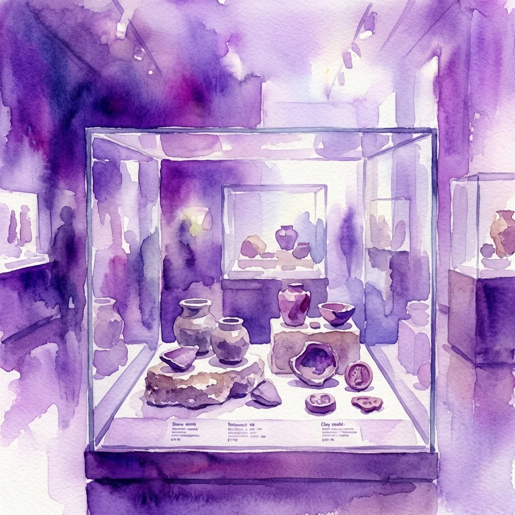 Watercolor illustration of a museum vitrine displaying ancient Omani artifacts including stone vessels, pottery jars, and small clay seals from the Al Tikha excavation.