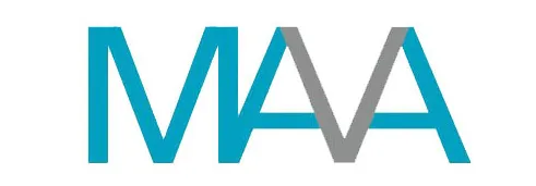 Logo estilizado MAA en azul y gris sobre fondo blanco