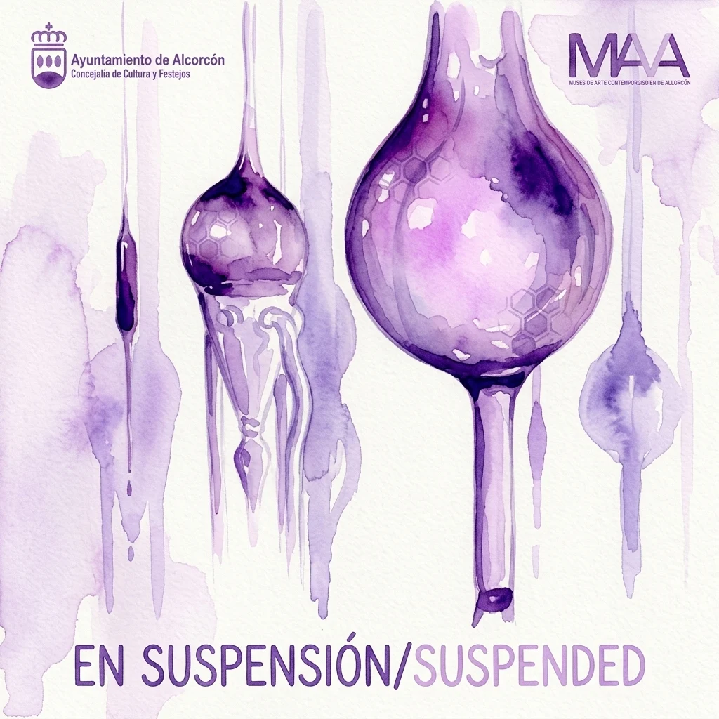 Ilustracja akwarelowa zawieszonych form ze szkła dmuchanego w fioletowych odcieniach, przedstawiająca instalację „En Suspensión/Suspended” w MAVA, z wzorami plastra miodu i kapiącymi teksturami.
