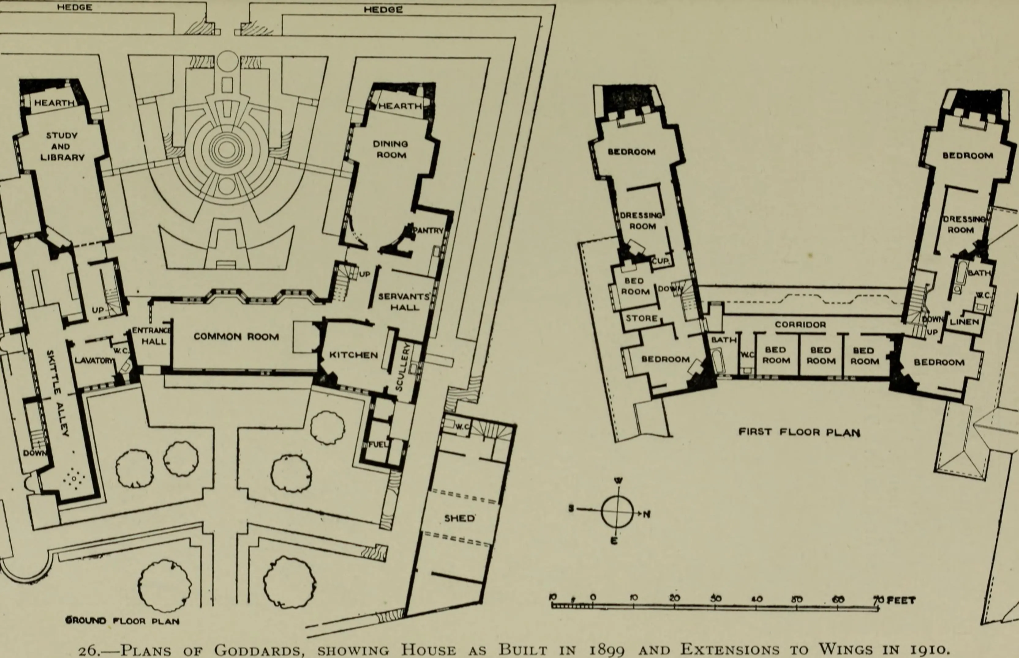 Planos de planta de Goddards house que muestran la distribución de la planta baja y el primer piso, con habitaciones etiquetadas incluyendo sala de estar, comedor y dormitorios.