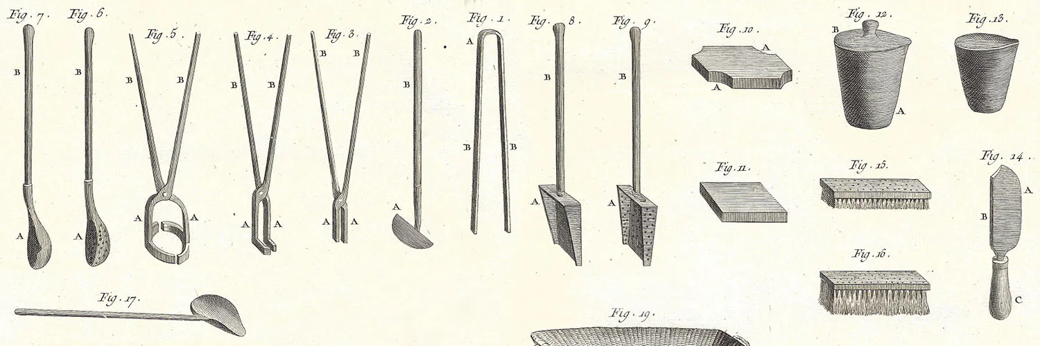 Ilustración histórica de herramientas de orfebrería y platería que incluyen tenazas, martillos, cinceles e implementos de pulido