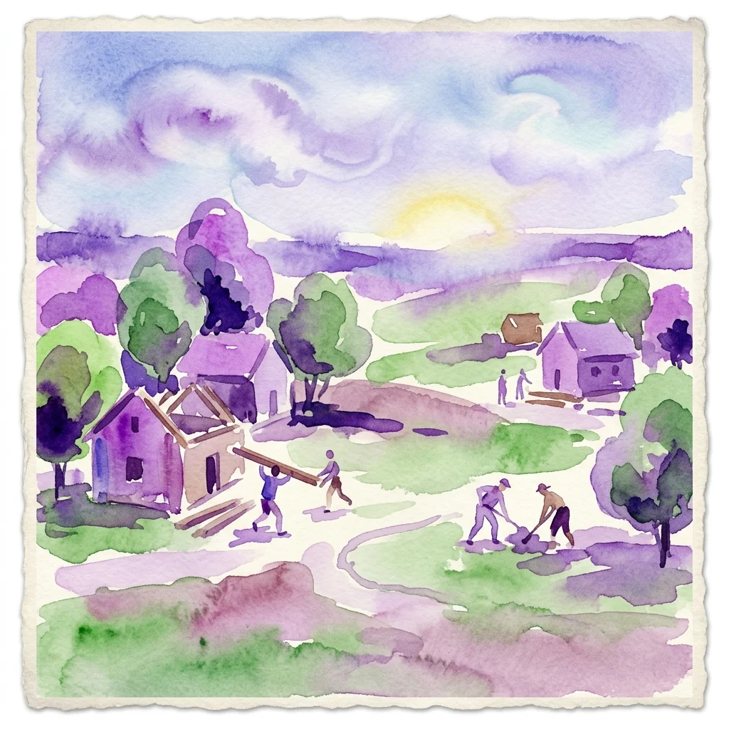 A watercolor illustration depicting the early settlement of Lainzer Tiergarten, showing people building modest houses among green fields and trees under a purple sky.