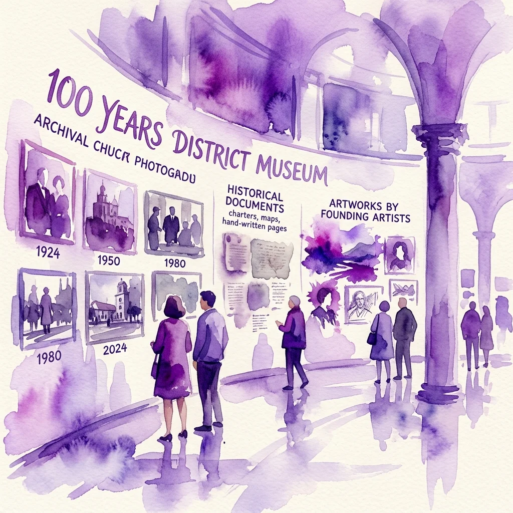 Ilustracja akwarelowa wystawy „100 Years District Museum”, prezentująca archiwalne fotografie, dokumenty historyczne i dzieła sztuki artystów założycieli, eksponowane w galerii z obserwującymi zwiedzającymi.