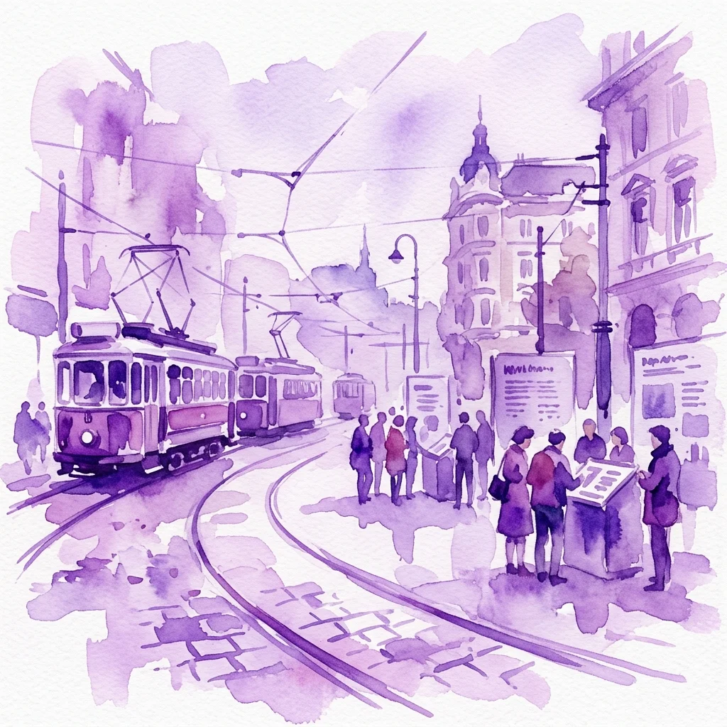 Ilustracja akwarelowa zabytkowych tramwajów na torach w Wiedniu, z ludźmi na przystanku tramwajowym i historycznymi budynkami w tle, upamiętniająca 100 lat elektrycznej kolei miejskiej (Stadtbahn).