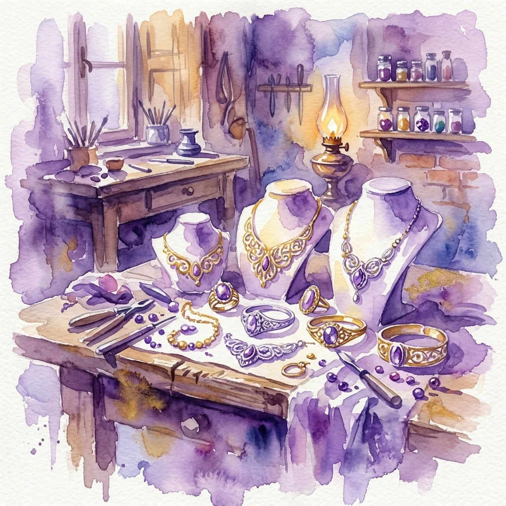 Ilustracja akwarelowa warsztatu złotniczego z misternymi złotymi i srebrnymi klejnotami na wystawie, w tym naszyjnikami, pierścionkami i bransoletkami, otoczona narzędziami i lampą, przywołująca historyczne wiedeńskie rzemiosło.