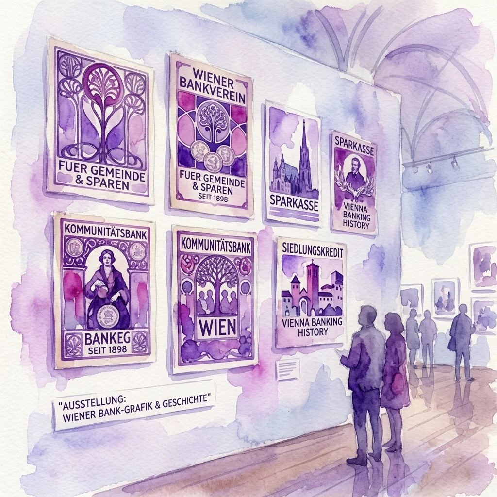 Ilustración en acuarela de una galería de museo que exhibe carteles vintage de la exposición Wiener Bank-Grafik & Geschichte, con gráficos bancarios históricos de Zentralsparkasse y otros bancos vieneses.