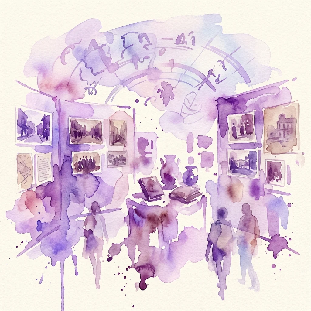 Waterverfillustratie van een museumtentoonstelling met vintage foto's, kaarten en artefacten die verband houden met de geschiedenis van Hernals, Wenen, met bezoekers die de tentoongestelde objecten bekijken.