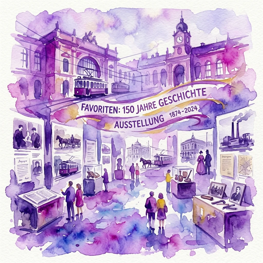 Ilustracja akwarelowa wystawy 'Favoriten: 150 Lat Historii 1874-2024', przedstawiająca zwiedzających oglądających archiwalne zdjęcia, dokumenty i artefakty w galerii muzealnej z historycznymi budynkami i tramwajami w tle.