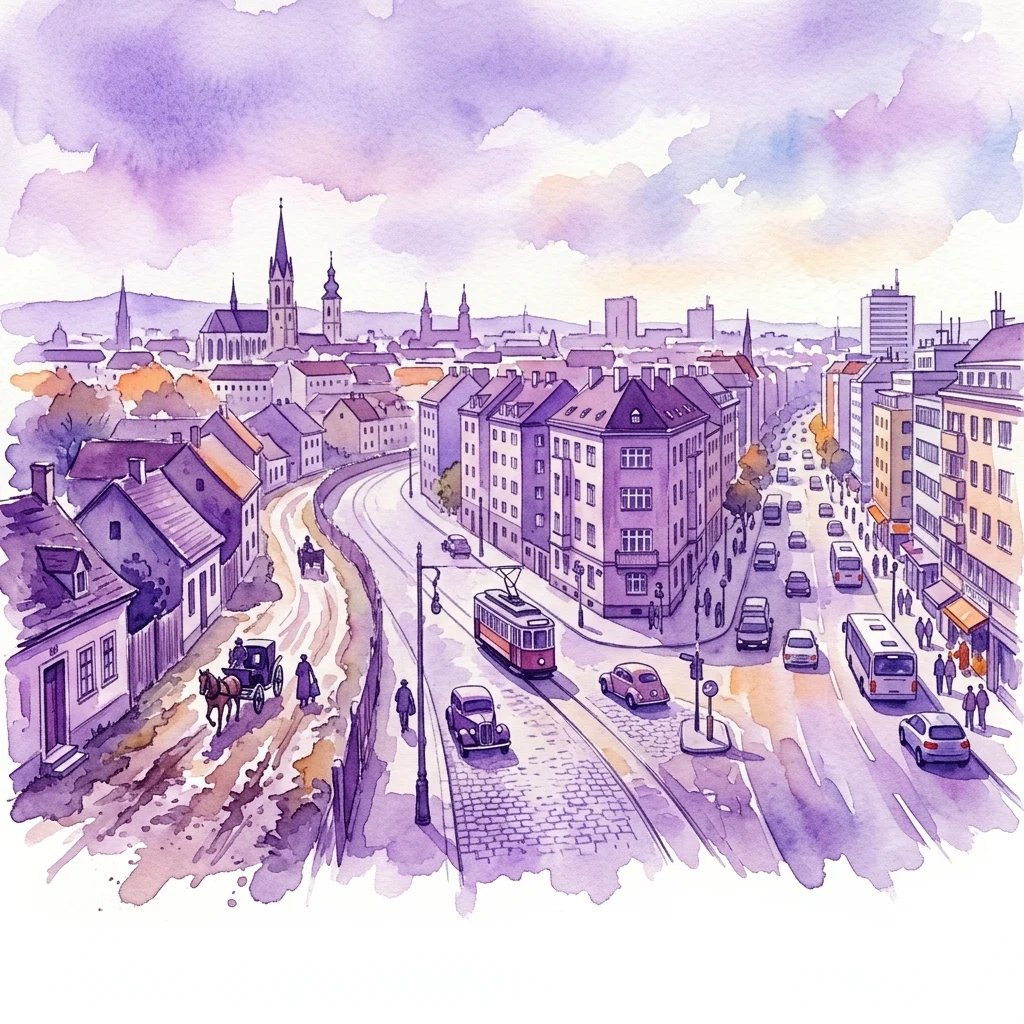 Ilustracja akwarelowa Leopoldauer Straße w wiedeńskiej dzielnicy Floridsdorf, ukazująca jej ewolucję od wiejskiej ścieżki do tętniącej życiem miejskiej drogi z zabytkowymi budynkami, tramwajami i samochodami.