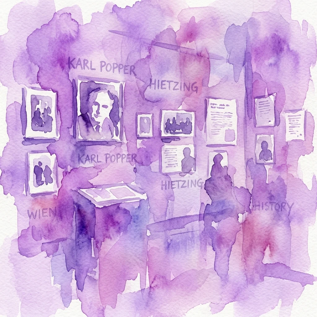 Ilustracja akwarelowa wystawy muzealnej prezentującej fotografie i dokumenty dotyczące Karla Poppera i historii Hietzing, w odcieniach fioletu i lawendy.