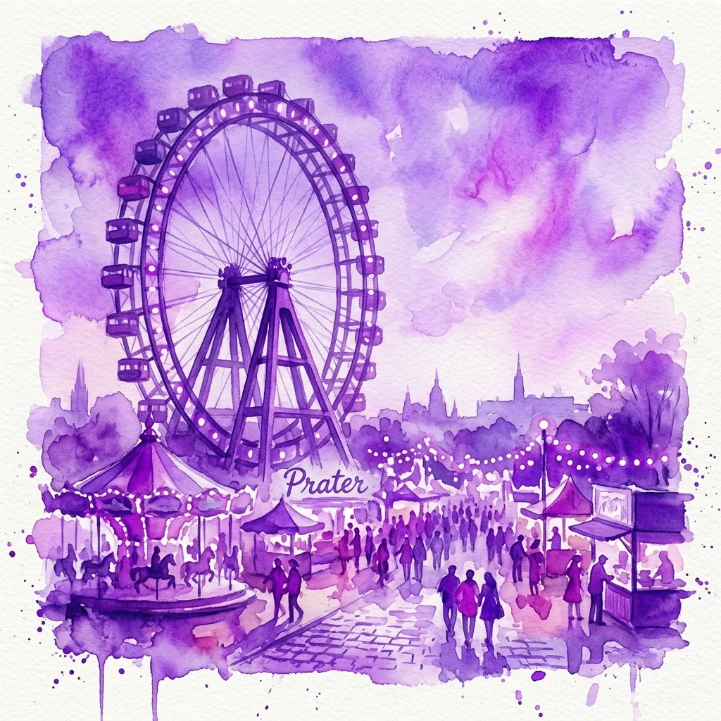 Fioletowa ilustracja akwarelowa parku rozrywki Wiener Prater, przedstawiająca duże koło widokowe, karuzelę i gości, celebrująca swoje 250-lecie.