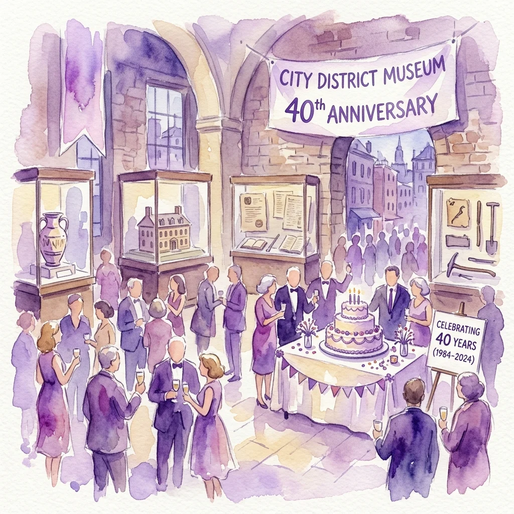 Ilustracja akwarelowa z okazji 40. rocznicy w Muzeum Dzielnicy Innere Stadt, przedstawiająca gości w strojach galowych, tort piętrowy, gabloty z artefaktami oraz baner z okazji 40. rocznicy (1984-2024).